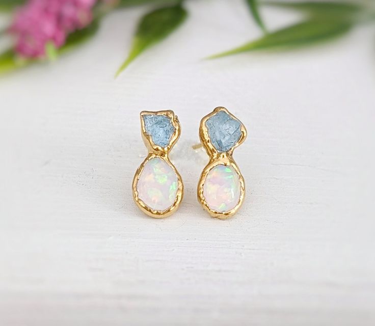 Raw Aquamarine and Opal stud earrings Christmas Sunday, Australian Opal Jewelry, Aquamarine Studs, Opal Stud Earrings, Raw Aquamarine, Earrings Opal, Natural Gemstone Necklace, Aquamarine Necklace, Opal Earrings Stud