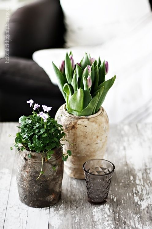 two vases filled with flowers sitting on top of a wooden table next to each other