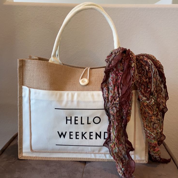 “Hello Weekend”, Lrg Shopping Tote, Nice Durable Perfect For Farmers Market, Side Front Pocket. Measures L 18 W 5 H 14 Chic Bags For Weekend In Spring, Chic Weekend Bags For Spring, Chic Spring Weekend Bags, Rectangular Bags For Weekend In Spring, Rectangular Bags For Weekend Spring, Rectangular Bags For Spring Weekend, Rectangular Weekend Bag For Spring, Spring Shoulder Bag With Large Capacity For Weekend, Trendy Weekend Bags For Spring