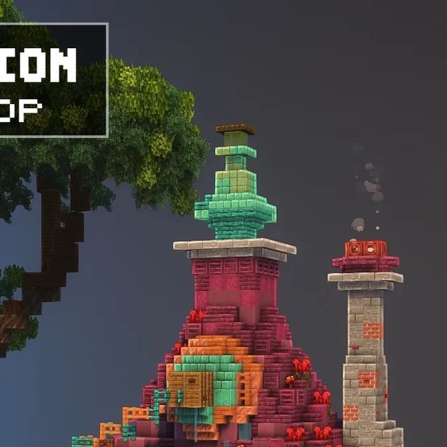 an image of a pixelon tower with trees and bushes in the background that says,