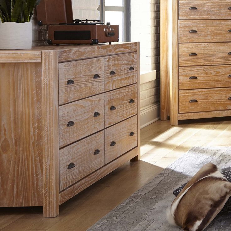 a dog laying on the floor in front of a dresser