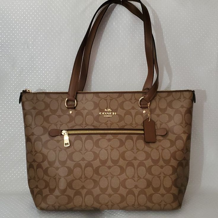 Authentic Coach F79609 Gallery Tote Bag Brown 11" H X 13" W X 5.5! D Top Zip Closure Large Brown Designer Shoulder Bag, Elegant Large Bag For Errands, Elegant Large Bags With Handles, Large Elegant Bag, Large Elegant Brown Shoulder Bag, Large Beige Satchel, Coach Bags With Zipper Closure For Daily Use, Coach Bag For Daily Use, Coach Double Handle Bag With Zipper