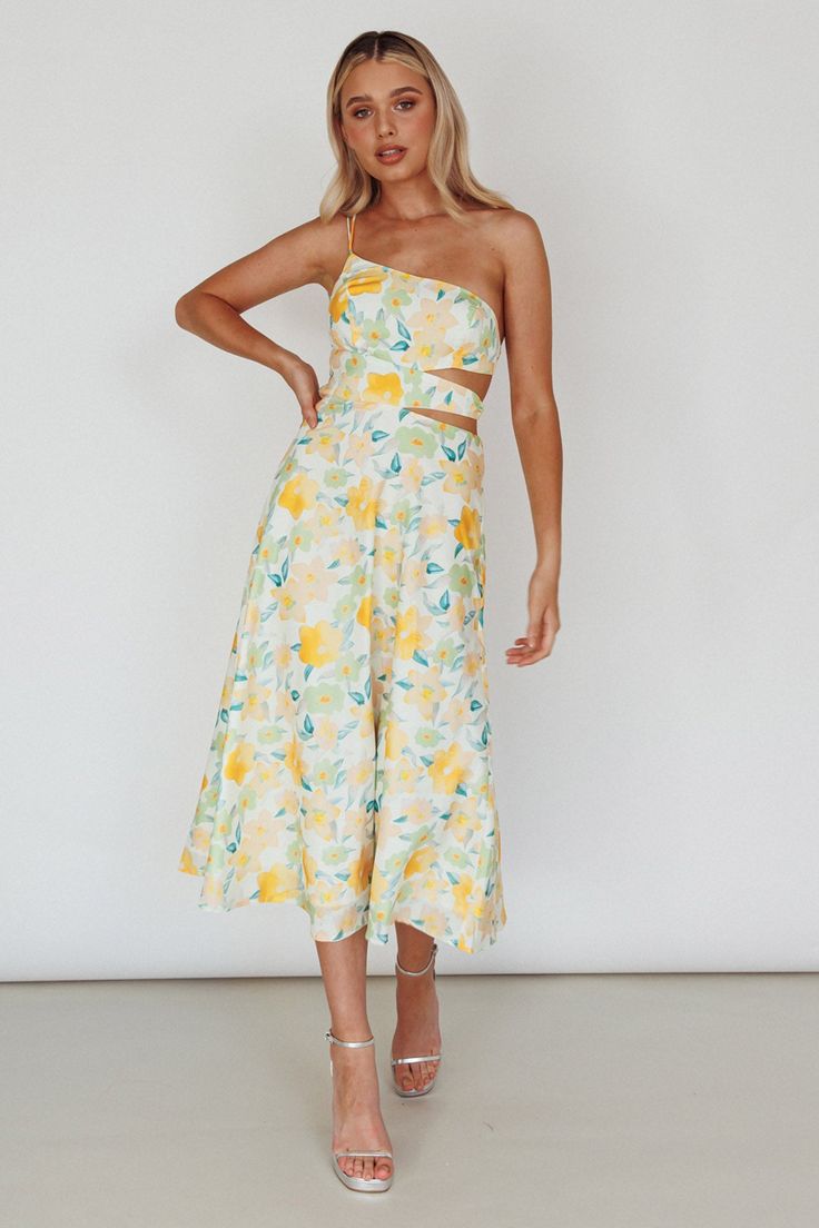 Halia One-Shoulder A-Line Midi Dress Floral Yellow Pastel Floral Dress, Midi Dress Floral, Yellow Sundress, Yellow Midi Dress, Floral Sundress, White Heels, Iron Material, Clothing Tags, Pastel Floral