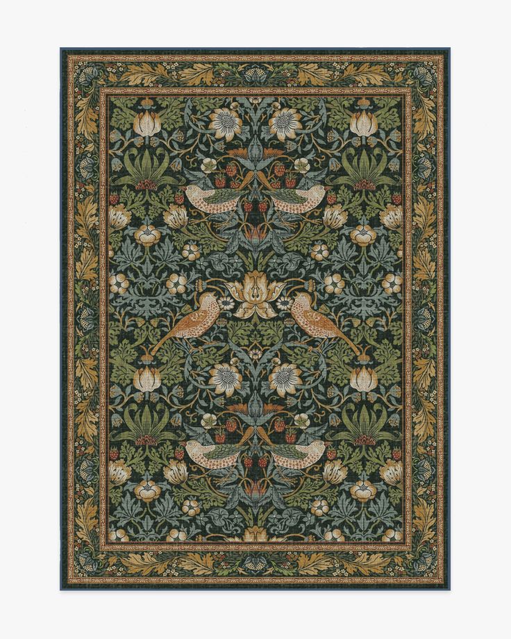 an intricately designed rug with birds and flowers