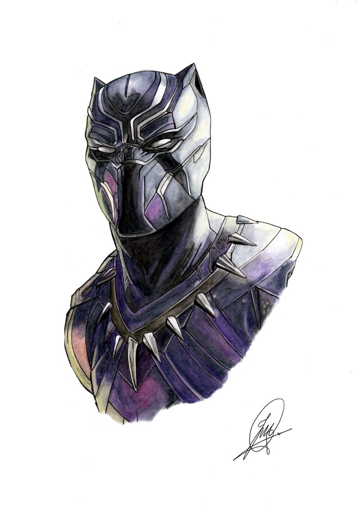 an ink drawing of a black panther wearing a purple suit and silver helmet with spikes on it's head