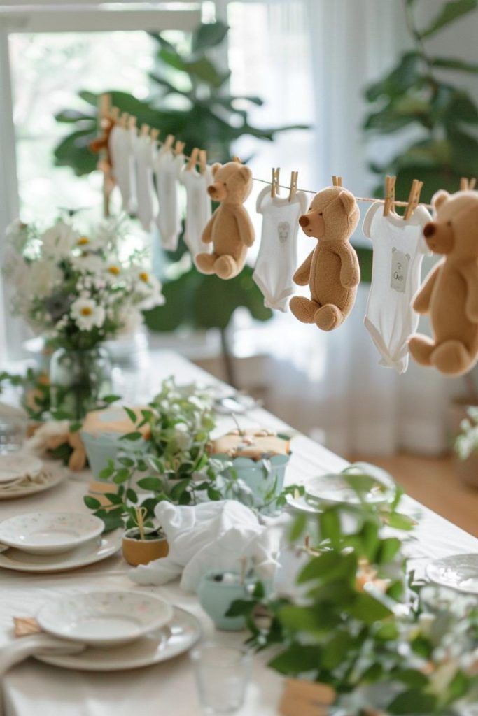 a long table with teddy bears hanging from the clothesline and plates on it, along with flowers and greenery