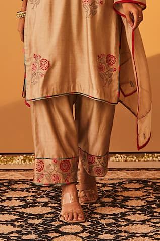 Beige kurta with multicolor thread embroidery in floral pattern. Paired with matching pant and dupatta. - Aza Fashions Traditional Cotton Silk Palazzo Set With Embroidered Border, Embroidered Slub Silk Palazzo Set With Traditional Drape, Slub Silk Set With Floral Embroidery And Straight Kurta, Traditional Drape Art Silk Palazzo Set With Embroidered Border, Traditional Embroidered Art Silk Palazzo Set, Traditional Cotton Silk Sharara With Embroidered Border, Festive Embroidered Cotton Silk Palazzo Set, Festive Multicolor Embroidered Sharara, Multicolor Floral Embroidered Palazzo Set With Straight Kurta