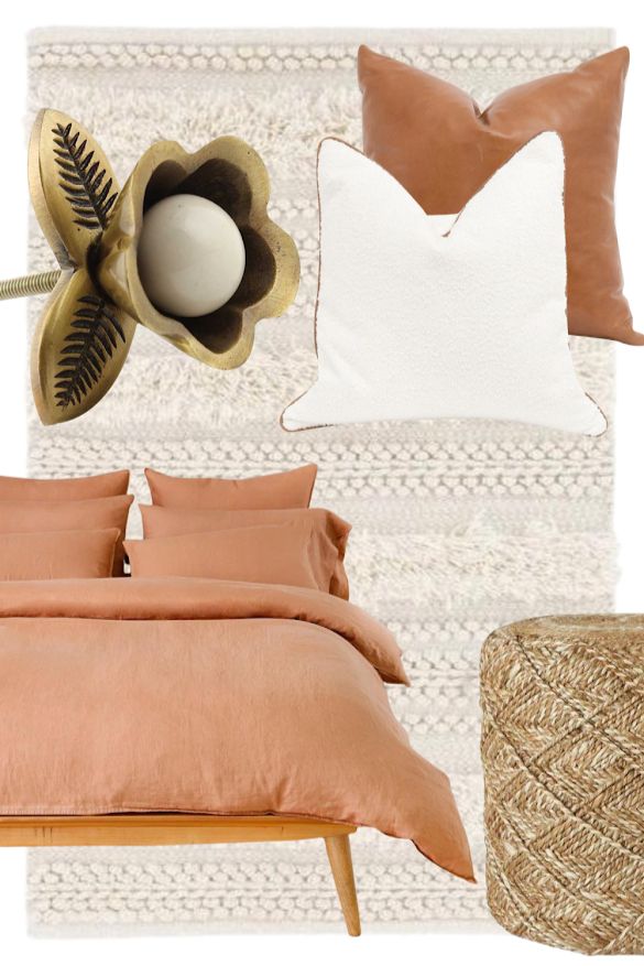 an image of a bedroom setting with peach and gold accents on the walls, bedding, pillows, and rugs