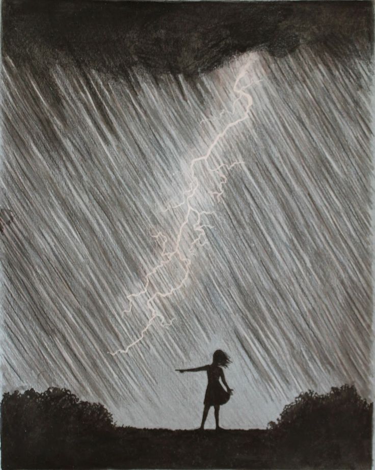 a drawing of a girl standing in the rain with her arms out and a lightning bolt above her head