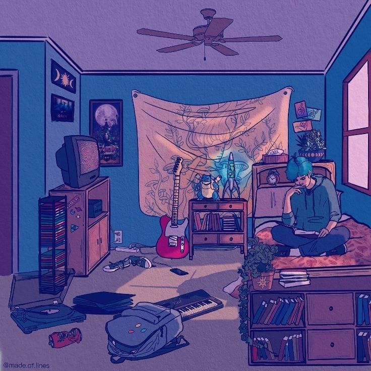 a man sitting on top of a bed in a room filled with clutter and musical instruments