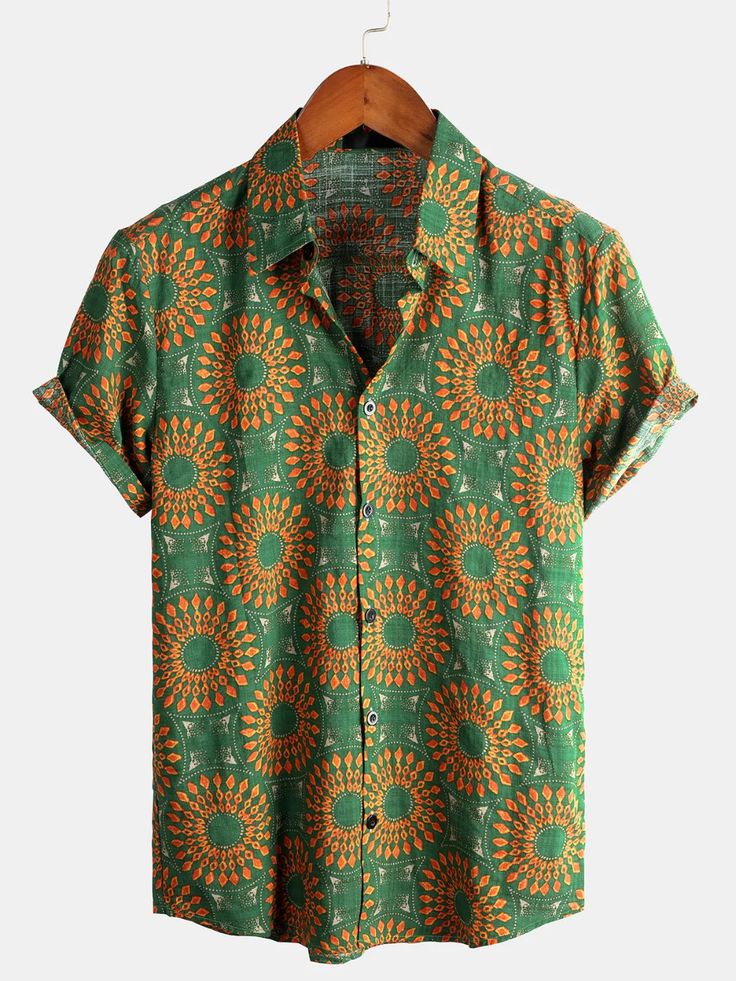 Men's Cotton Leisure Vintage 70s Short Sleeve Shirt – Atlanl 70s Shorts, Hawaiian Design, Floral Hawaiian Shirt, Graduation Outfits, Boho Shirt, Design Stand, Boho Shirts, Mens Hawaiian Shirts, Vintage Shorts