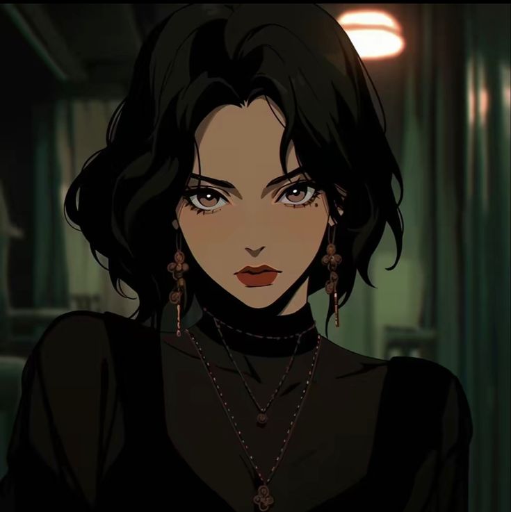 an animated woman with dark hair and blue eyes in a dimly lit room, looking at the camera