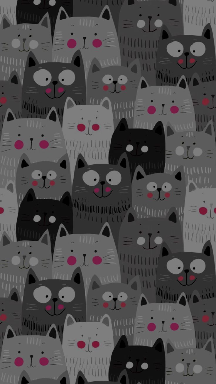 a bunch of cats that are in the middle of a wallpaper pattern on a gray background