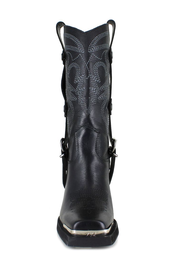 A snipped toe boasting a gleaming hardware plate refreshes the classically Western design of a water-resistant cowboy boot detailed with bold topstitching and buckled side straps. 3 1/2" heel; 1" platform 12 1/2" shaft; 11 1/2" calf circumference. Narrow calf Pull-on style Leather upper, lining and sole Made in Italy Western Style Calf Leather Moto Boots For Fall, Western Calf Leather Boots With Snip Toe, Western Style Calf Leather Ankle Moto Boots, Western Snip Toe Heeled Boots In Calf Leather, Western Calf Leather Heeled Boots With Snip Toe, Black Leather Boots For The Ranch, Western Calf Leather Moto Boots With Round Toe, Western Style Moto Boots With Snip Toe, Western Style Black Moto Boots With Leather Footbed