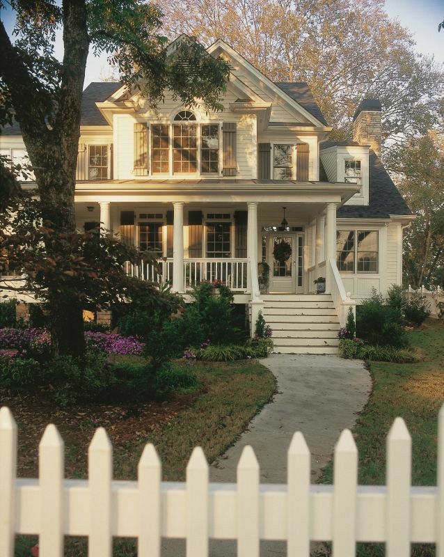 a white picket fence in front of a house