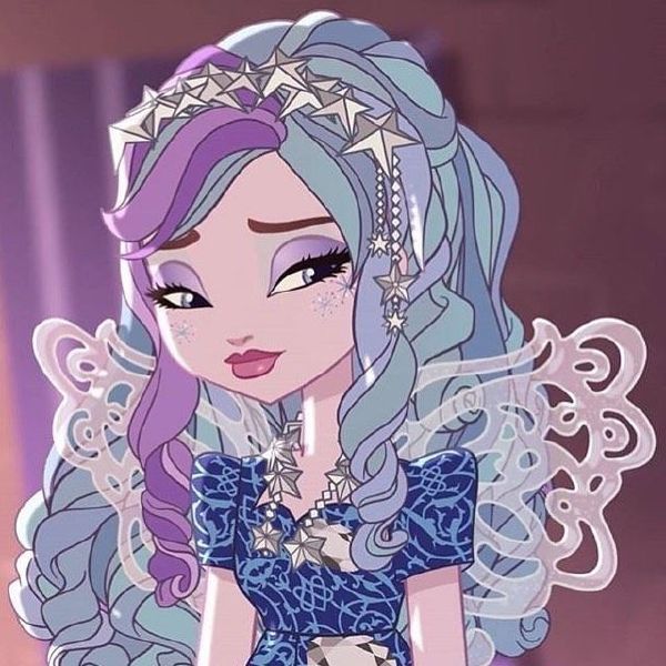 a cartoon girl with blue hair wearing a tiara and holding a glass in her hand