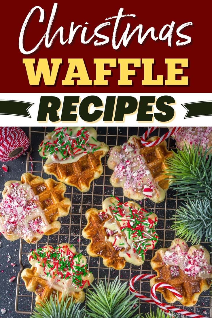 christmas waffles with sprinkles and candy canes are on a cooling rack