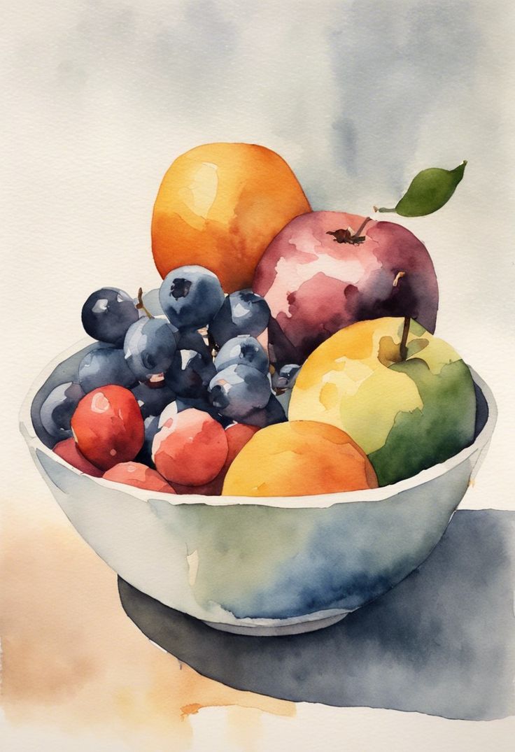 a watercolor painting of fruit in a bowl