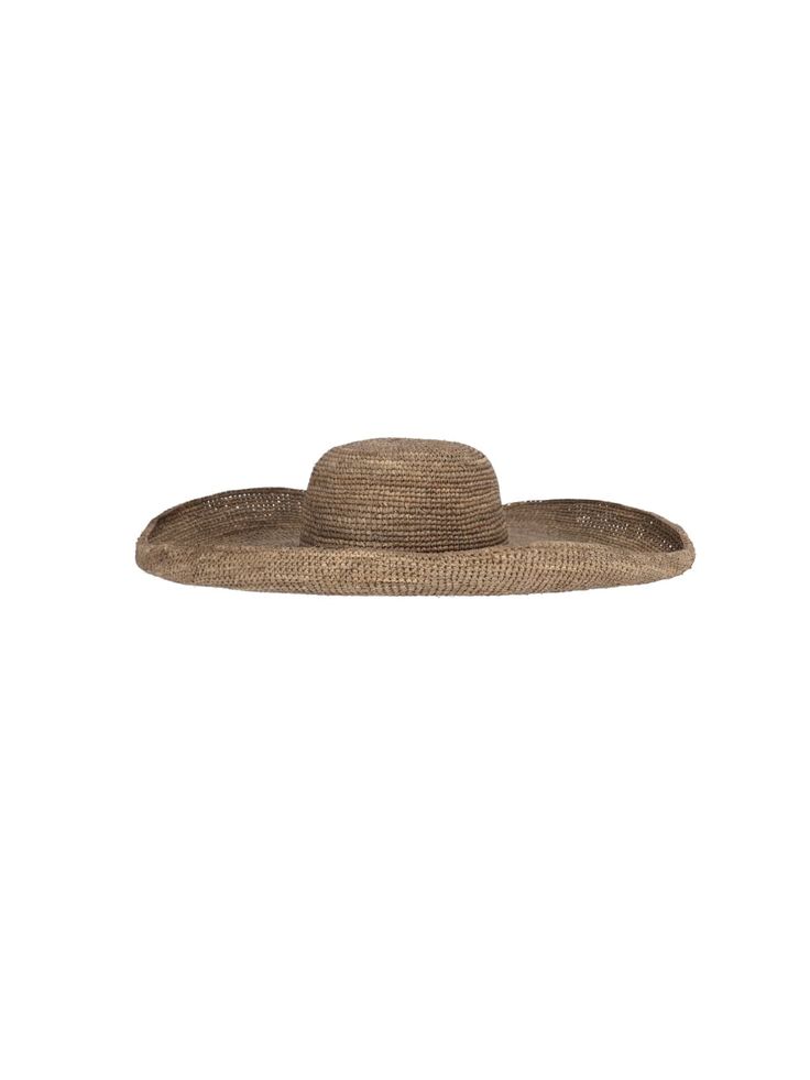 Ibeliv 'Izy' brown hat in natural raffia, wide brim, wide brown cotton band. Composition: 100% Raffia Brown Woven Brimmed Panama Hat, Brown Woven Boater Hat With Short Brim, Brown Brimmed Straw Hat, Brown Woven Wide Brim Hat, Brown Woven Fedora With Curved Brim, Brown Woven Straw Hat With Curved Brim, Brown Wide Brim Boater Hat In Toquilla Straw, Brown Boater Hat With Wide Brim In Toquilla Straw, Brown Woven Jute Straw Hat