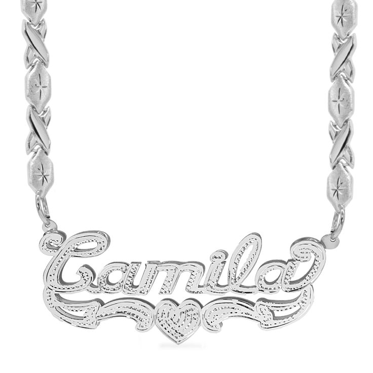 This Rhodium Beaded "Double" Nameplate is available in 925 Sterling silver. This design Choose up to 10 characters to make your unique name. Customizable With: Names, or Words Closure: Lobster Clasp Metal Plating Selection: Sterling Silver 14k Gold over Silver Two-Tone. Sterling Silver Customized Silver Nameplate Necklace, Silver Nameplate Custom Necklace, Silver Engraved Nameplate Necklaces, Silver Hallmarked Nameplate Jewelry, Custom Silver Nameplate Necklace, Custom Engraved Silver Nameplate Necklace, Silver Customizable Nameplate Necklace, Sterling Silver White Gold Name Necklace With Polished Finish, Silver Sterling Engraved Name Necklace