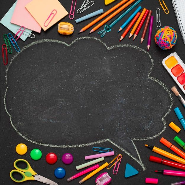 an empty chalkboard surrounded by crayons, markers, pencils and other school supplies