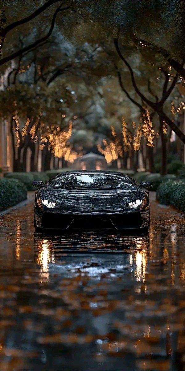 a black sports car is parked in the rain