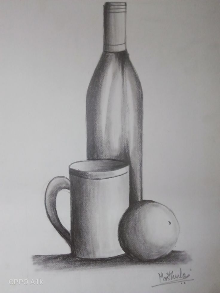 a pencil drawing of a bottle, cup and an apple on a table top with a white background