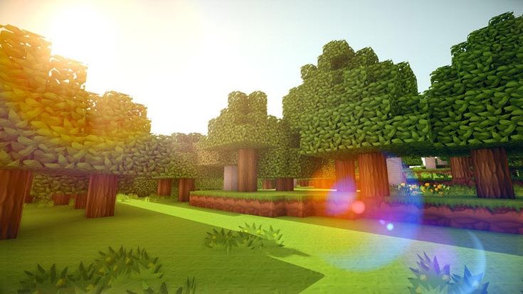 the sun shines brightly through trees and bushes in this minecraft screenshote