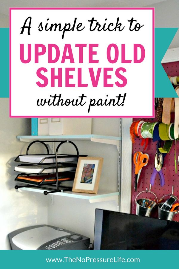 a shelf with scissors and other crafting supplies on it in front of the words, a simple trick to update old shelves without paint