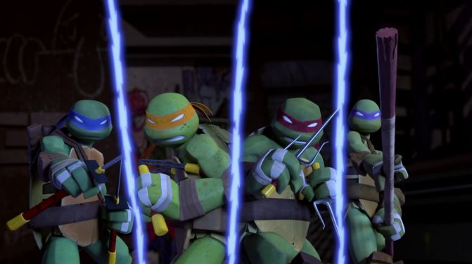 the teenage mutant ninjas are lined up with neon lights in their uniforms and helmets