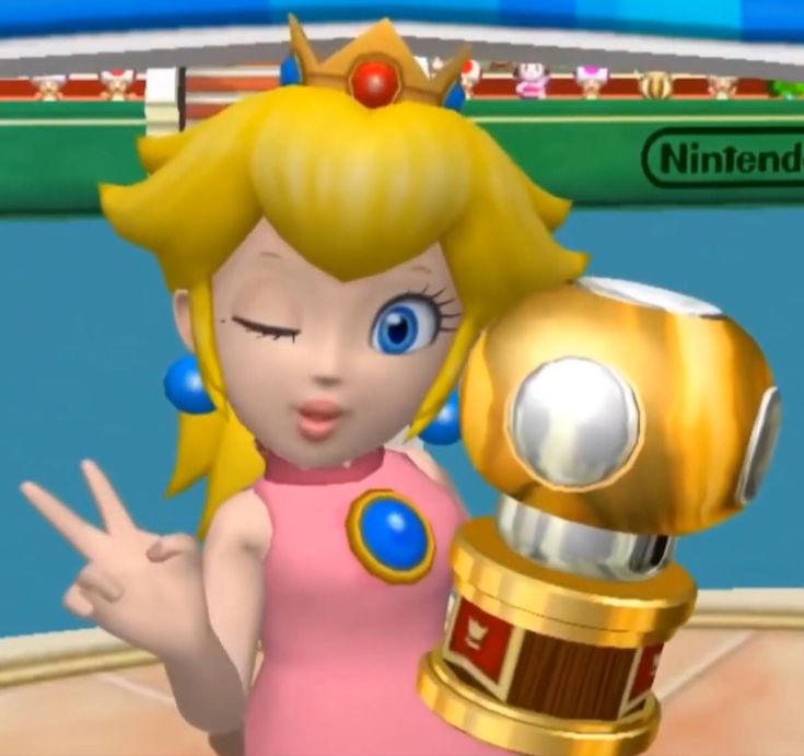 the nintendo wii character is holding up her hand