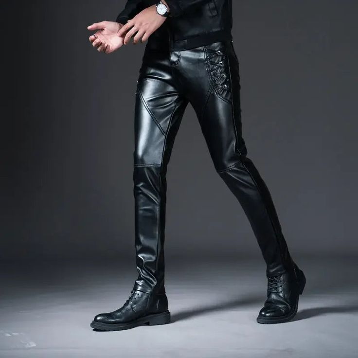 Rev up your style with our Sleek Men's Faux Leather Motorcycle Pants – the epitome of urban fashion and versatile functionality. Casual Cool for Everyday: Designed with a casual style, these faux leather motorcycle pants are perfect for your daily adventures. Whether you're cruising the streets, heading to work, or enjoying a night out on the town, these pants effortlessly enhance your look. Quality Fabric and Fit: Constructed from premium broadcloth fabric, these pants offer both durability and comfort. The straight pant style and skinny fit provide a contemporary silhouette that complements your physique, while the mid-weight thickness strikes a perfect balance between insulation and breathability. Fashionable Details: Our leather pants are designed to make a statement. The sleek zipper Iron Wolf, Leather Motorcycle Pants, Masculine Outfits, Faux Leather Trousers, Mens Leather Clothing, Biker Pants, Motorcycle Pants, Mens Leather Pants, Leather Clothes