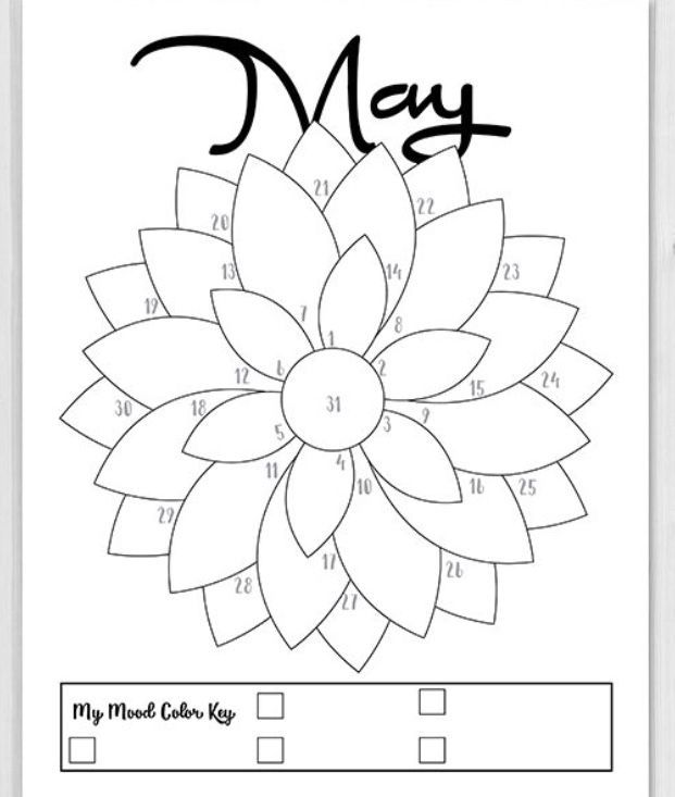 a coloring page with the word may on it and a flower in the middle, surrounded by numbers