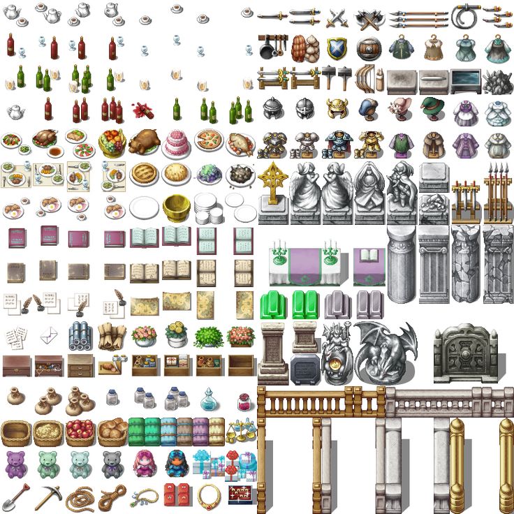 a bunch of different types of objects on a white background, all in various sizes and colors