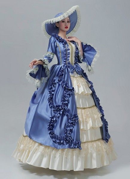 Renaissance Rococo Blue Lolita Victorian Dress Long Sleeve Marie Antoinette Gown Blue Long Sleeve Victorian Dress For Wedding, Blue Long Sleeve Victorian Wedding Dress, Blue Floor-length Dress For Costume Party, Fitted Floor-length Blue Victorian Dress, Fitted Blue Floor-length Victorian Dress, Blue Victorian Dress With Ruffles For Costume, Elegant Blue Victorian Floor-length Dress, Blue Elegant Floor-length Victorian Dress, Elegant Blue Floor-length Victorian Dress