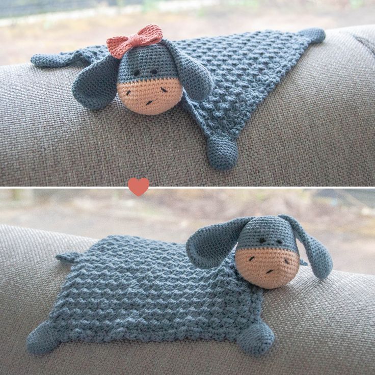 crocheted stuffed animal laying on top of a couch