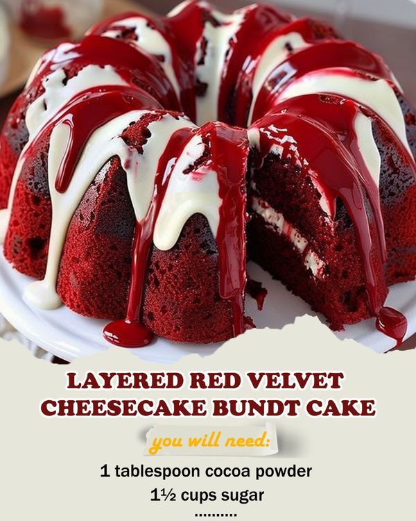 a red velvet cheesecake bundt cake with white icing