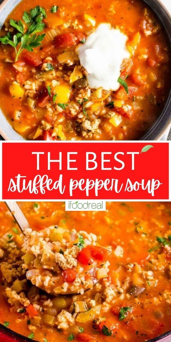 the best stuffed pepper soup in a red bowl