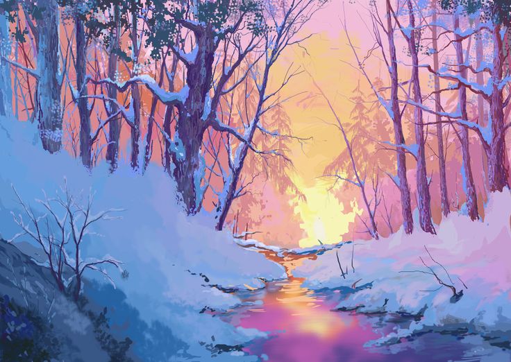 a painting of a stream running through a snow covered forest