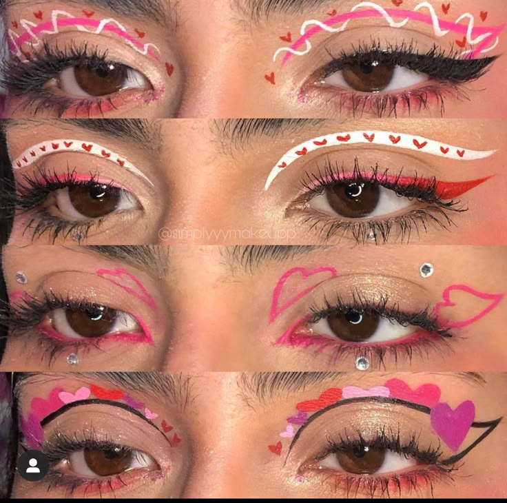 Valentine Eyeliner, Abstract Eyeliner, Easy Graphic Eyeliner, Colorful Graphic Liner, Pink Graphic Liner, Heart Eye Makeup, Eyeliner Ideas, Cute Eye Makeup, Graphic Makeup