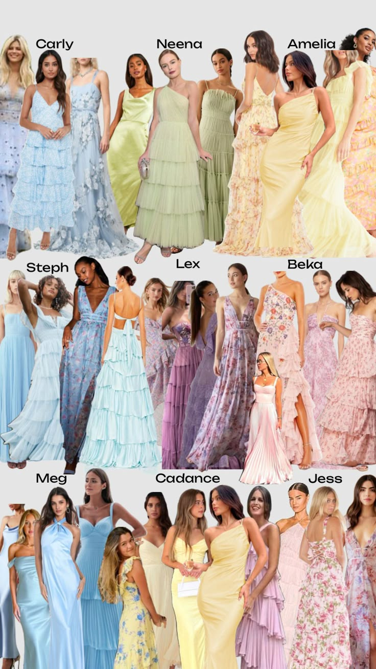 many different types of dresses are shown in this image, with the names below them