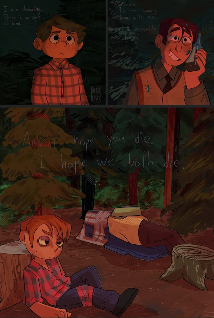 an animated scene shows two people sitting in the woods, one holding a cell phone to his ear