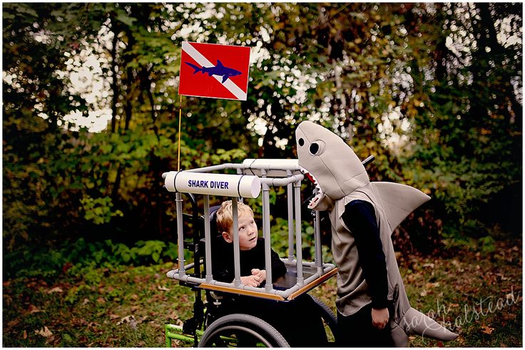 a little boy in a wheel chair with a shark on it's back and a flag flying above him