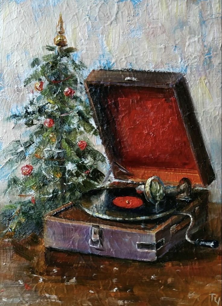 a painting of an old fashioned record player next to a christmas tree