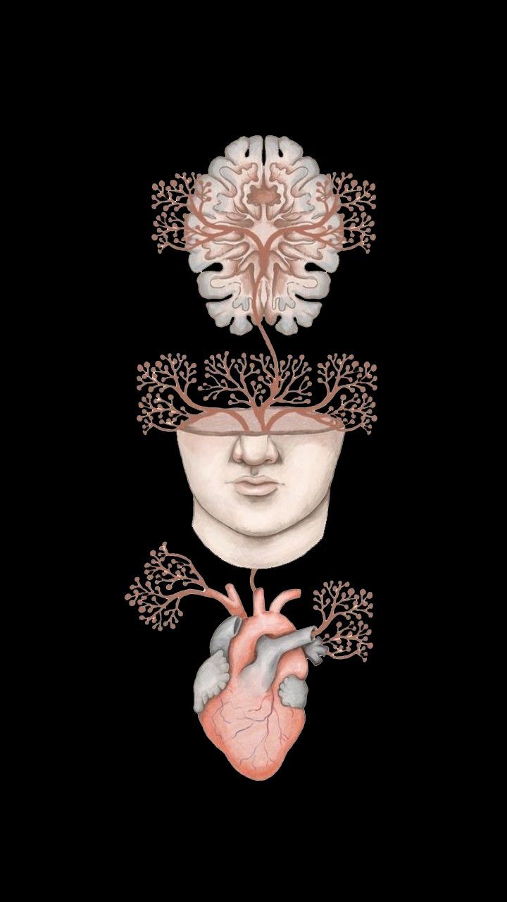 a drawing of a human heart and tree branches in the shape of a person's head