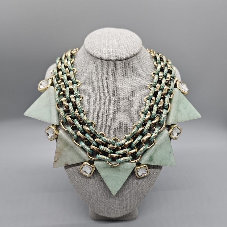 Gorgeous Chain Choker With Triangle Stones And Emerald Shaped Stones Adjustable Lobster Claw Clasp 18 In From End To End Brand New Made Really Nice Nice Piece Of Jewelry Has Weight To It Gold Plated Trendy Green Chain Link Jewelry, Blue Chain Costume Jewelry, Blue Costume Jewelry With Chain, Turquoise Jewelry With Adjustable Chain For Party, Green Chain Link Necklace With Adjustable Chain, Green Adjustable Chain Necklace For Party, Metal Chain Bib Necklaces As Gift, Metal Chain Bib Necklace Gift, Metal Chain Bib Necklace For Gift