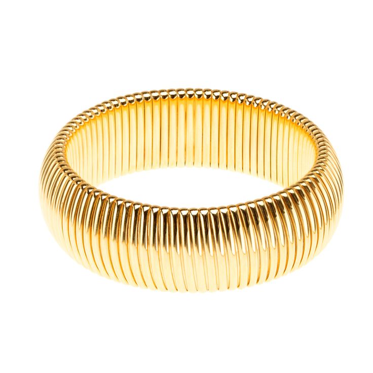 Single cobra bracelet in gold. Approx 7/8" wide, 6.25" diameter Gold plated over brass Stretch fit coil bracelet Made to be worn stacked with other bracelets Gold Flexible Slinky Bracelet, Adjustable Gold Slinky Bracelets, Gold Slinky Metal Jewelry, Cobra Bracelet, Coil Bracelet, Bracelet Set, Bracelet Making, Gold Bracelet, Gold Plate