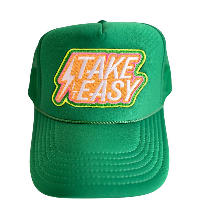 Take it Easy Patch Trucker Hat This his or hers trucker is part of our 2024 Originals Trucker Collection. Cute and perfect for your next day in the sun. So many fun and original styles to choose from! So light, medium/high profile and a perfect addition to your growing hat collection. 5 Panel Foam Mesh Back Trucker, Pro Style Adult Sizing 100% Poly Foam Front, 100% Nylon Back Designed and Finished in Sunny San Diego City Inspiration, Lifeguard Hat, Patch Hat, Toddler Accessories, Hat Design, Hat Collection, Green Hats, Swimming Goggles, Take It Easy