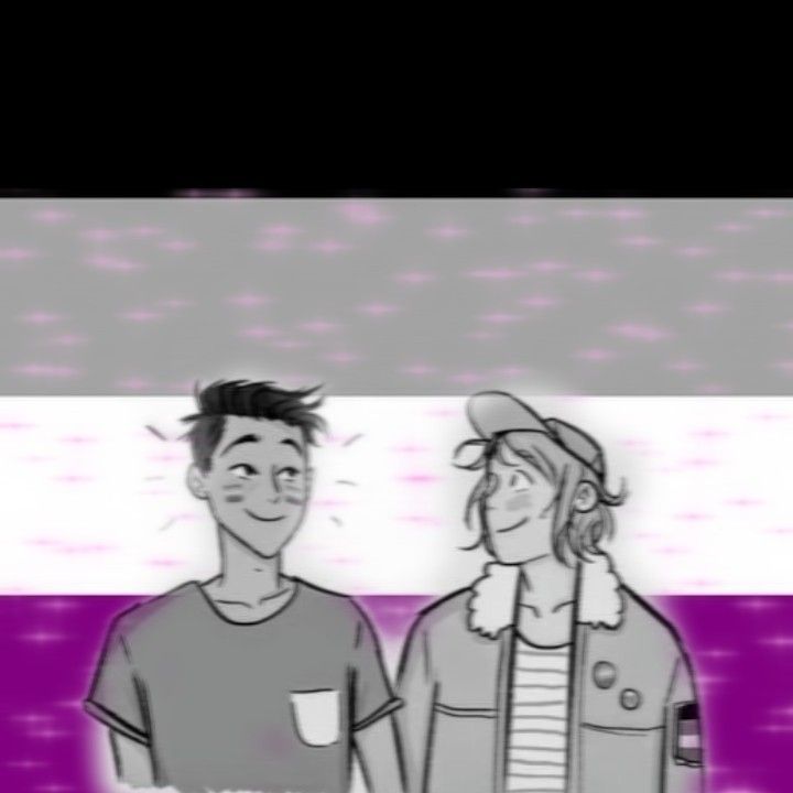 two people standing next to each other in front of a purple and white striped background