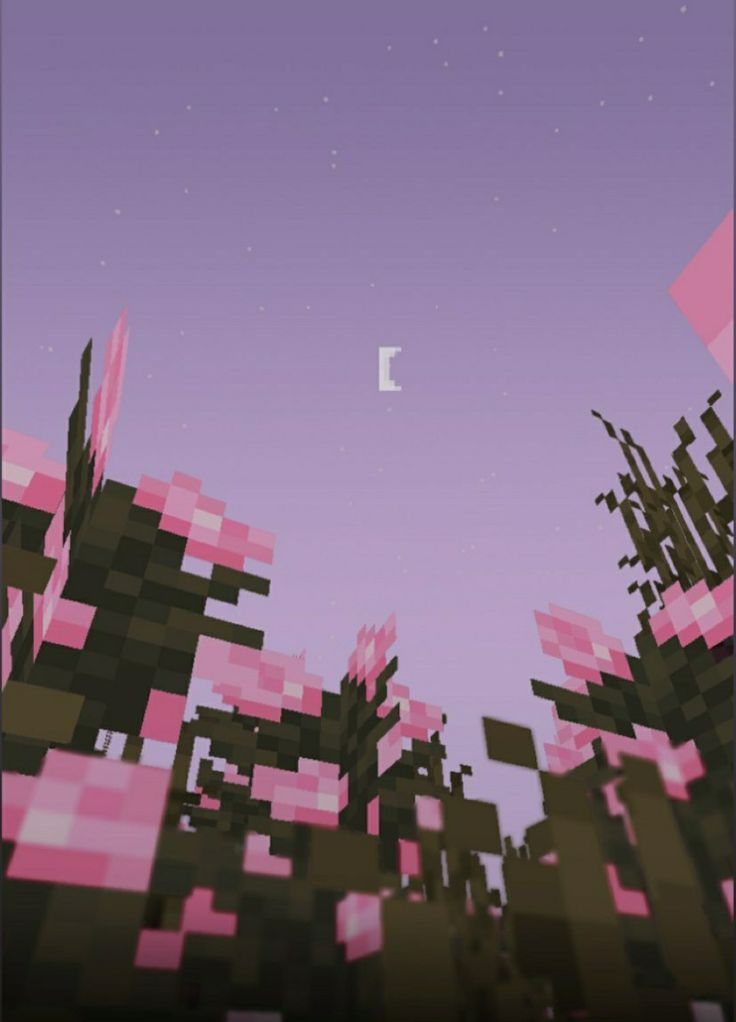 an image of a purple sky with trees and bushes in the foreground that is made up of pink squares